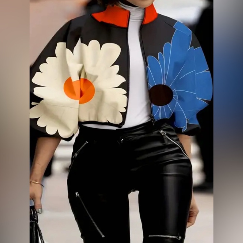 Flower Print Crop Jacket w/Zipper